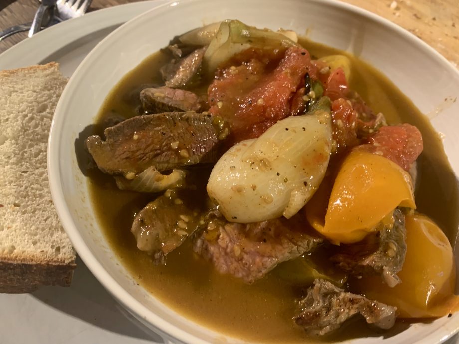 Tomatoes, Charred Onions and Steak