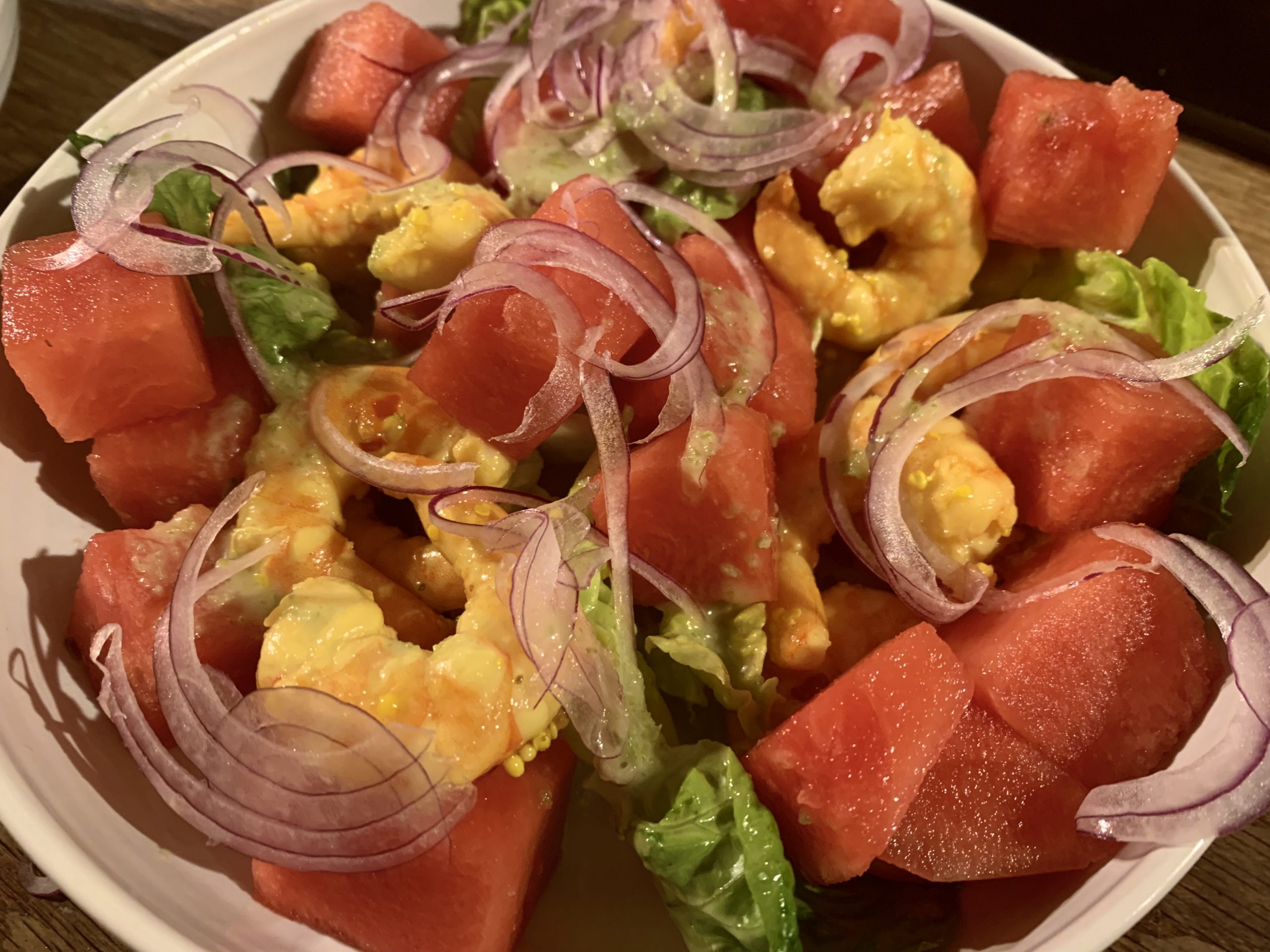 Watermelon and Red Onion Salad with Lettuce, Pickled Shrimp and Jalapeño Vinaigrette